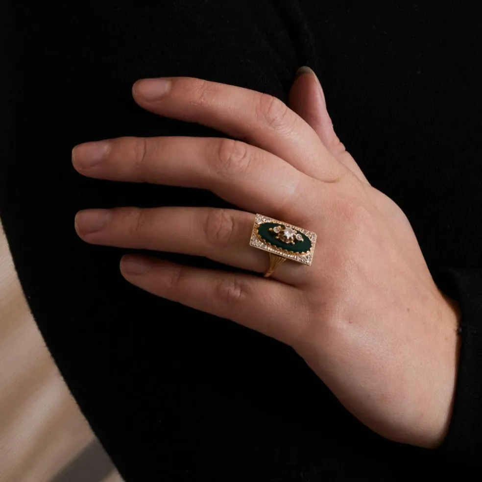 Bague style Napoléon III Diamants Or Jaune Agate Verte