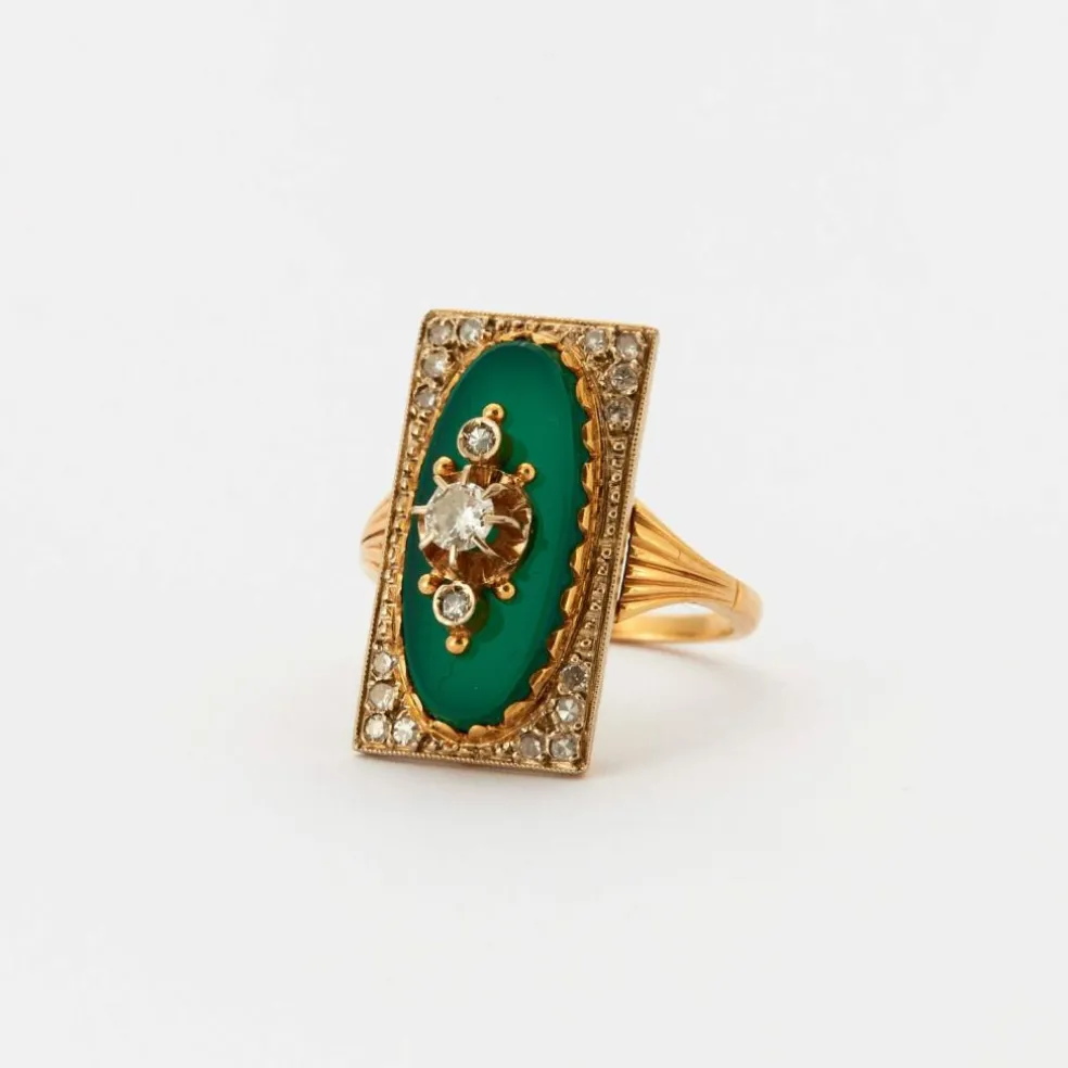 Bague style Napoléon III Diamants Or Jaune Agate Verte
