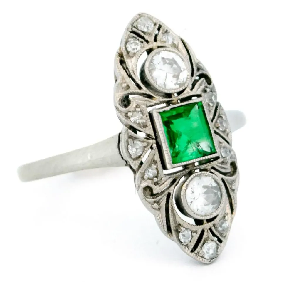 Bague taille marquise diamant émeraude platine