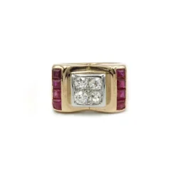 Bague TANK - Or jaune diamants et rubis