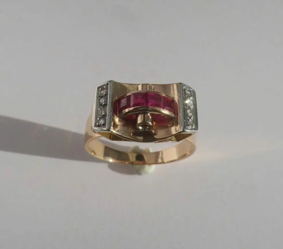 Bague Tank Art Déco diamants rubis or platine