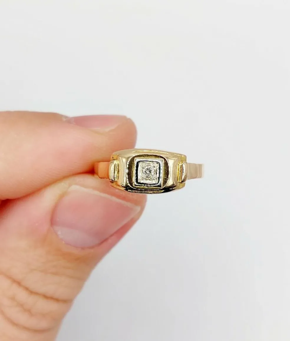 Bague Tank Art Déco or rose, petit diamant et monture géométrique (circa 1950)