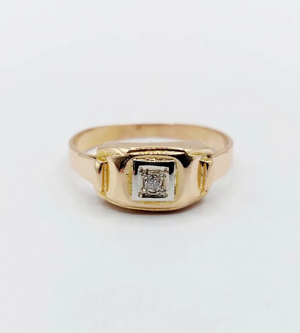 Bague Tank Art Déco or rose, petit diamant et monture géométrique (circa 1950)
