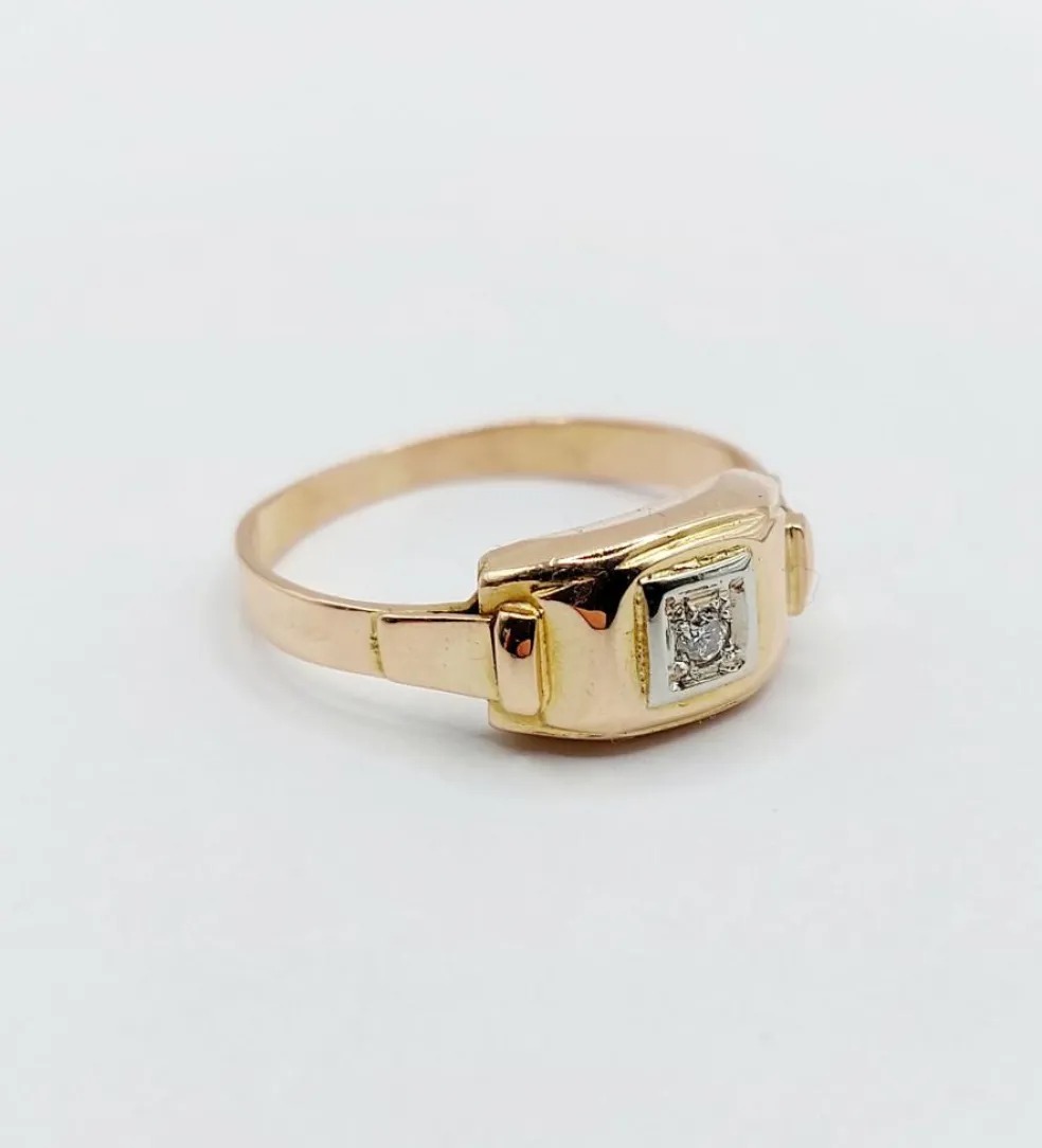 Bague Tank Art Déco or rose, petit diamant et monture géométrique (circa 1950)