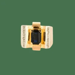 Bague Tank Art Déco saphir diamants en or jaune et blanc