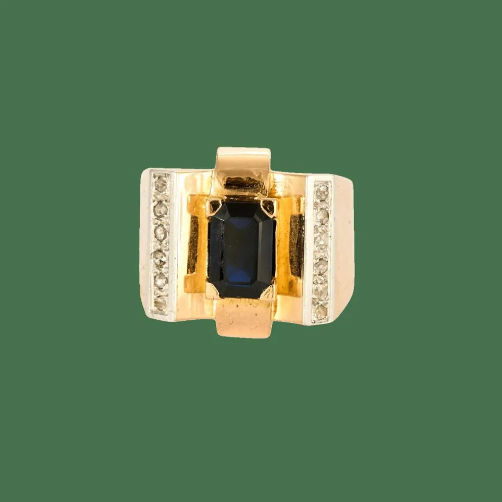 Bague Tank Art Déco saphir diamants en or jaune et blanc