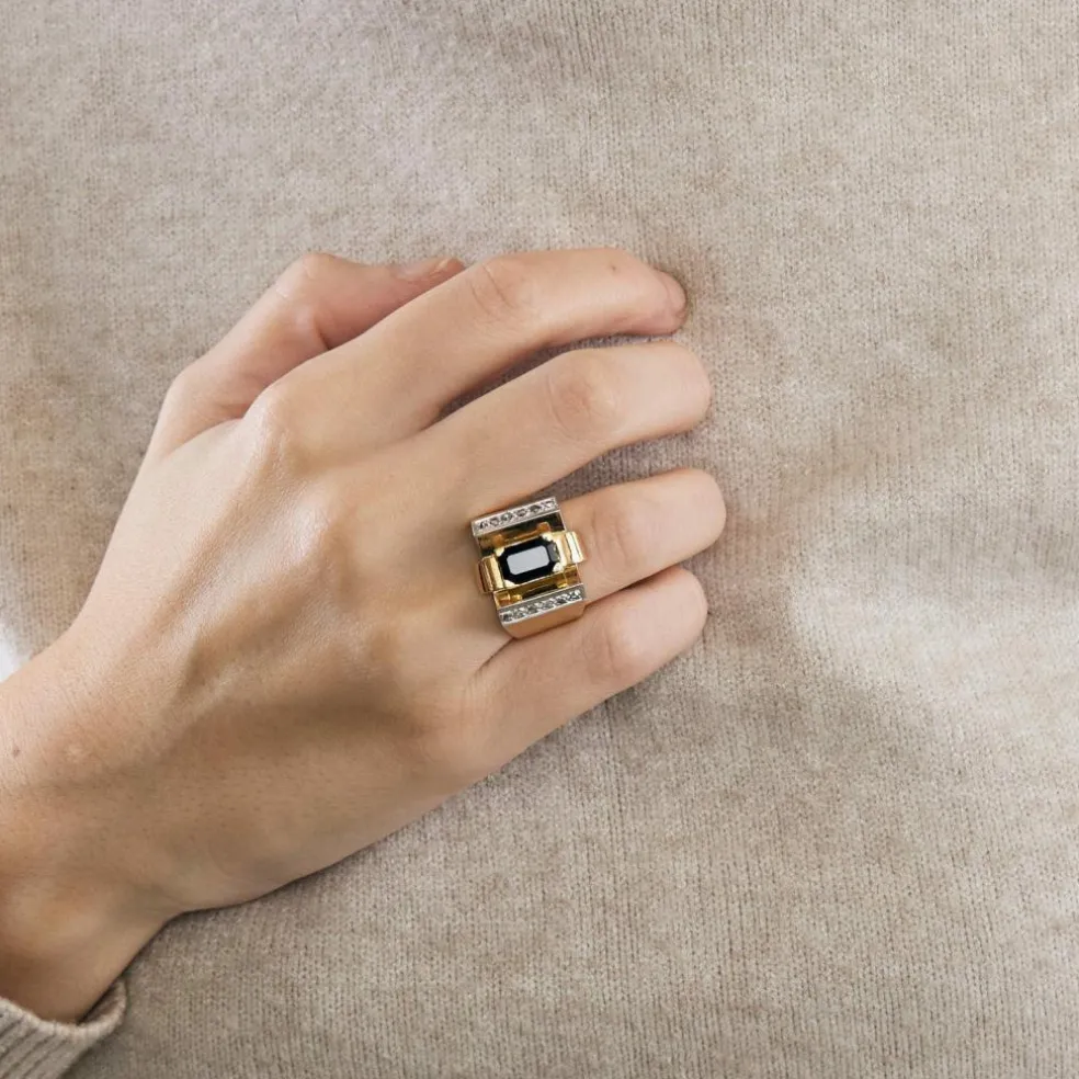 Bague Tank Art Déco saphir diamants en or jaune et blanc