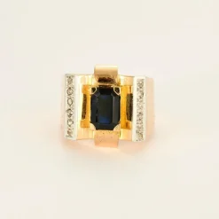 Bague Tank Art Déco saphir diamants en or jaune et blanc
