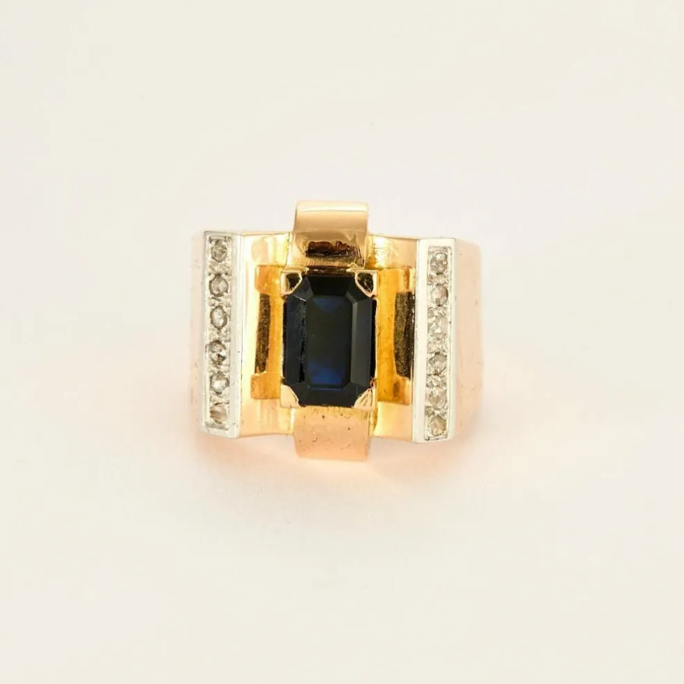 Bague Tank Art Déco saphir diamants en or jaune et blanc