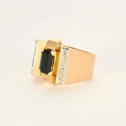 Bague Tank Art Déco saphir diamants en or jaune et blanc