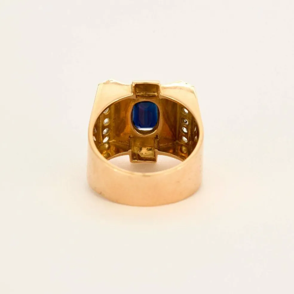 Bague Tank Art Déco saphir diamants en or jaune et blanc