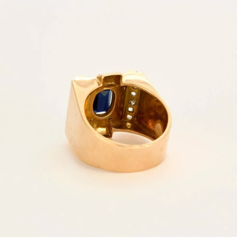 Bague Tank Art Déco saphir diamants en or jaune et blanc