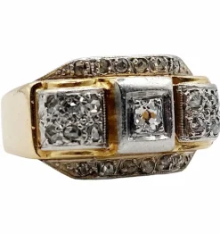 Bague tank art deco or jaune 18k et platine ornée de diamants