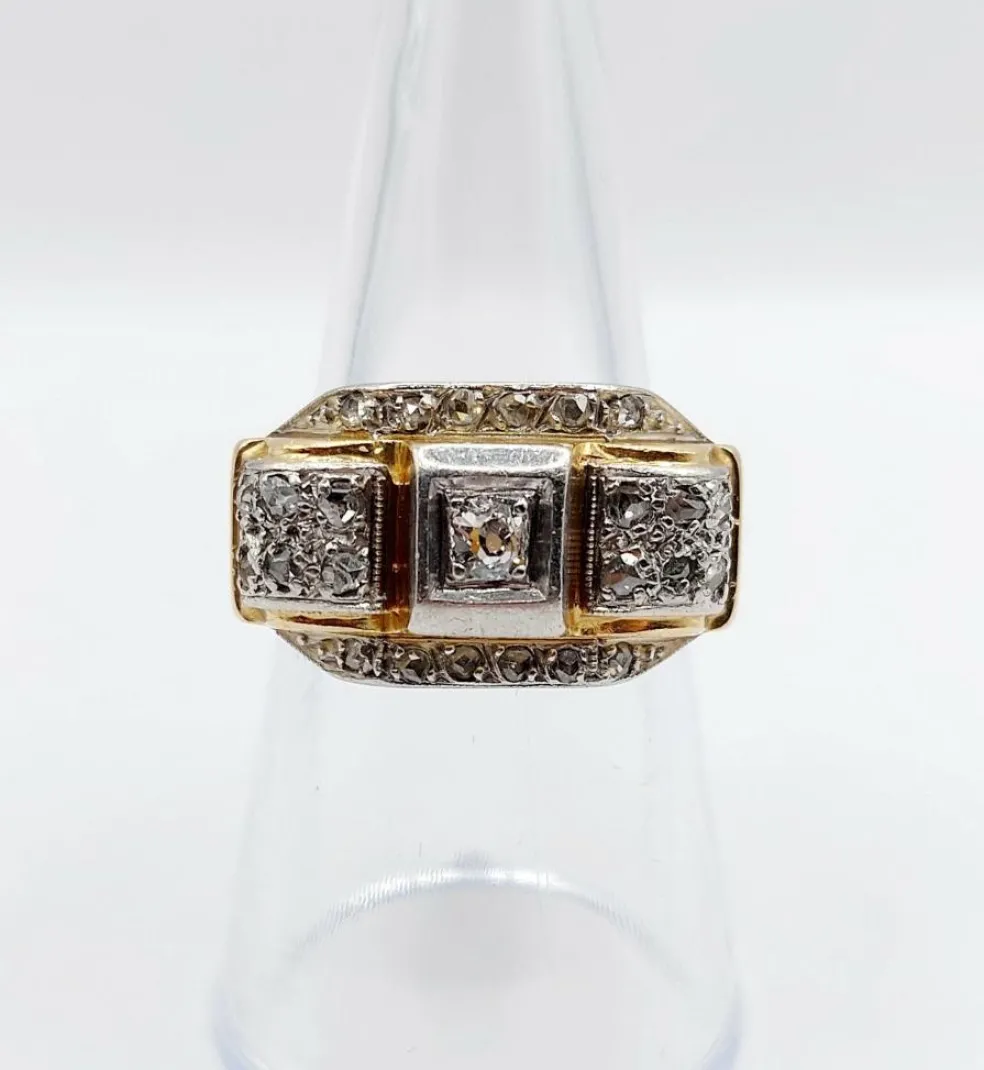Bague tank art deco or jaune 18k et platine ornée de diamants