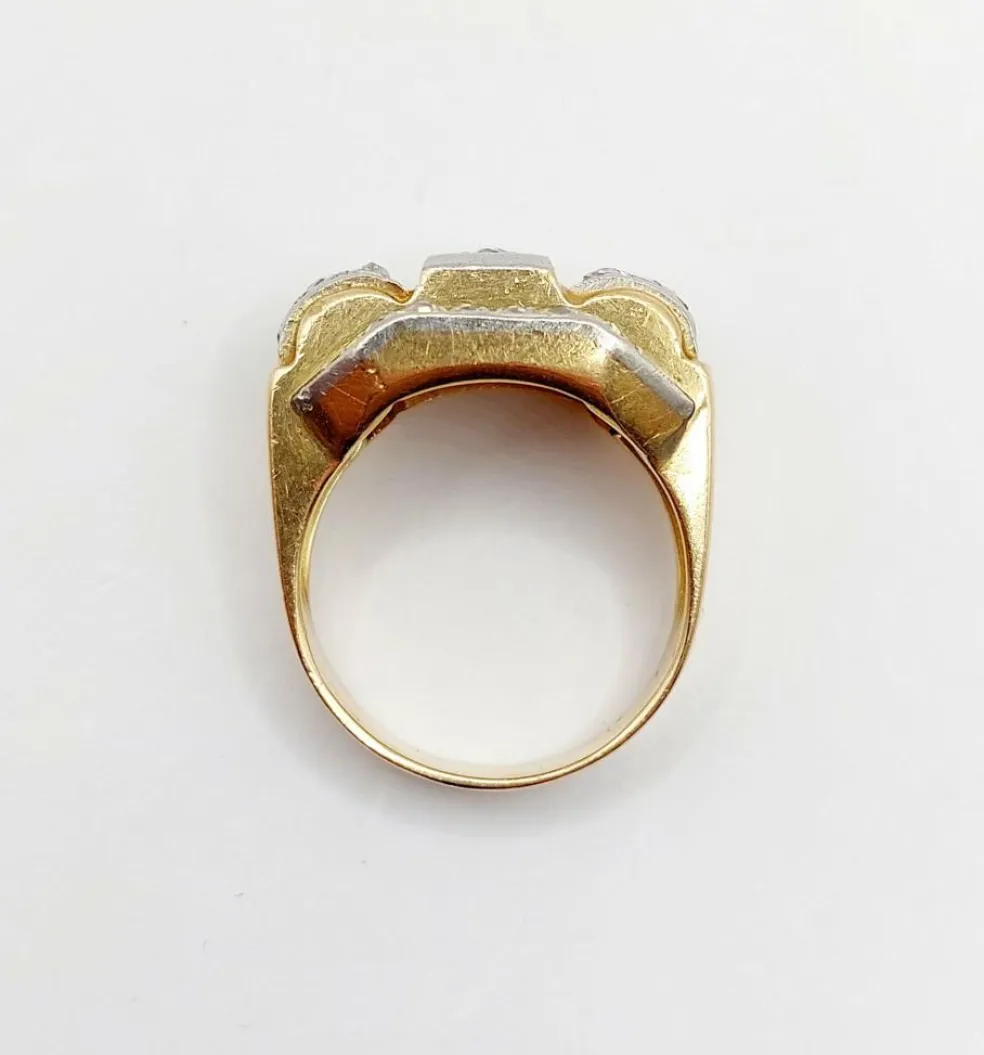 Bague tank art deco or jaune 18k et platine ornée de diamants