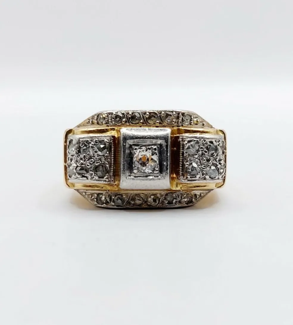 Bague tank art deco or jaune 18k et platine ornée de diamants