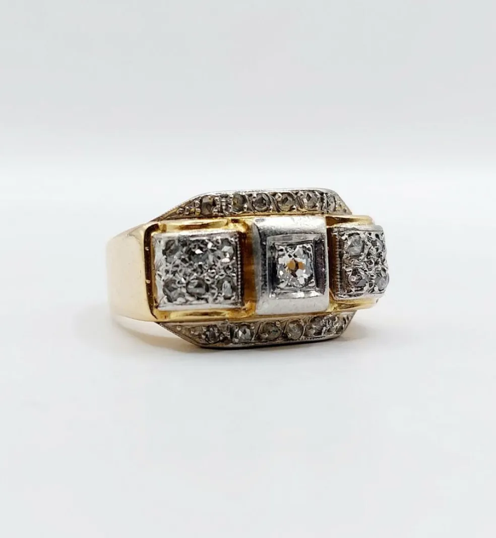 Bague tank art deco or jaune 18k et platine ornée de diamants