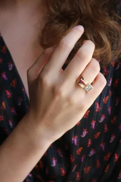 Bague Tank Diamant Et Pierres Rouges