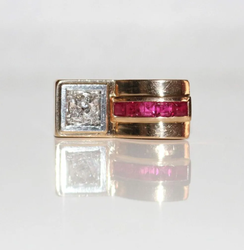 Bague Tank Diamant Et Pierres Rouges