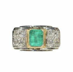 Bague Tank en or blanc et jaune, émeraude et diamants