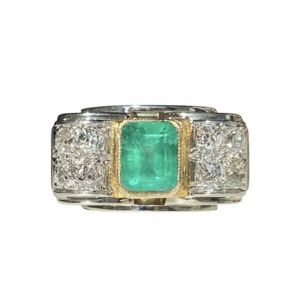 Bague Tank en or blanc et jaune, émeraude et diamants