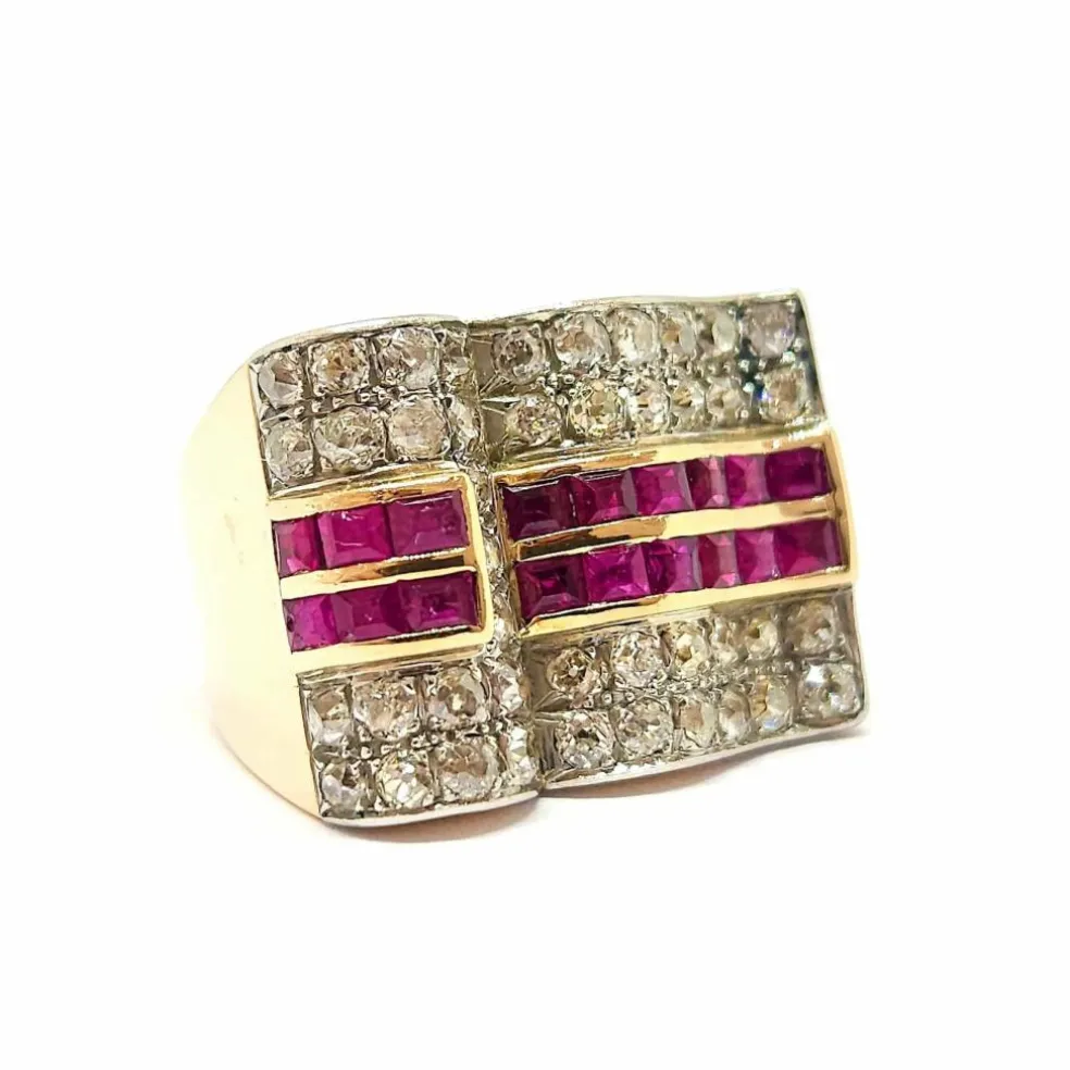 Bague Tank en Or jaune, rubis & diamants
