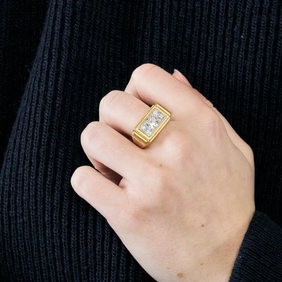 Bague Tank or blanc et jaune et diamant