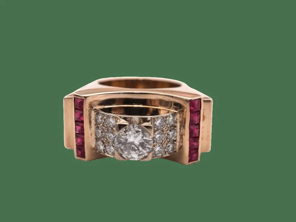 Bague Tank or jaune, diamants, rubis