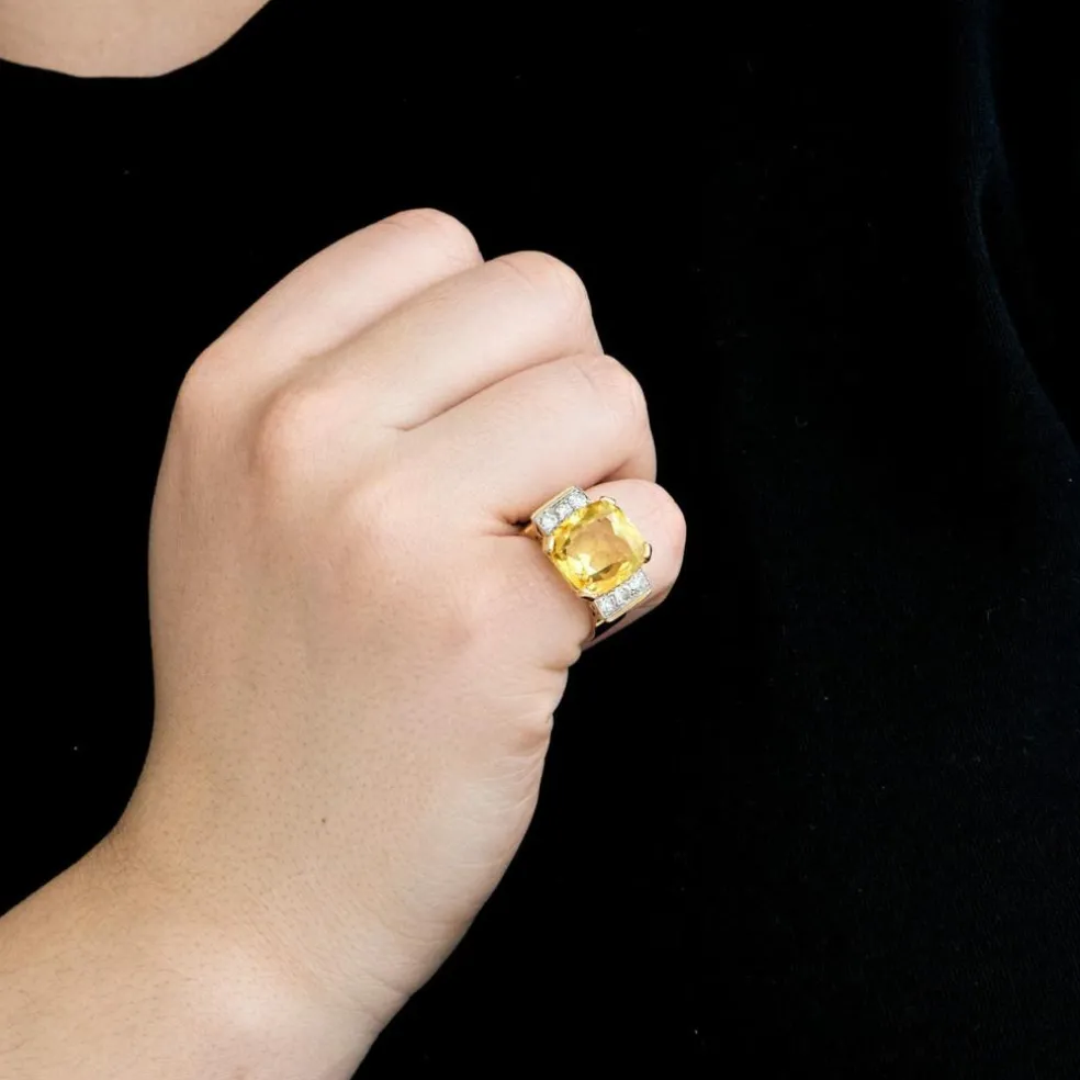 Bague Tank or jaune et blanc saphirs jaune diamants