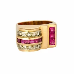 Bague Tank or jaune et gris, rubis et diamants