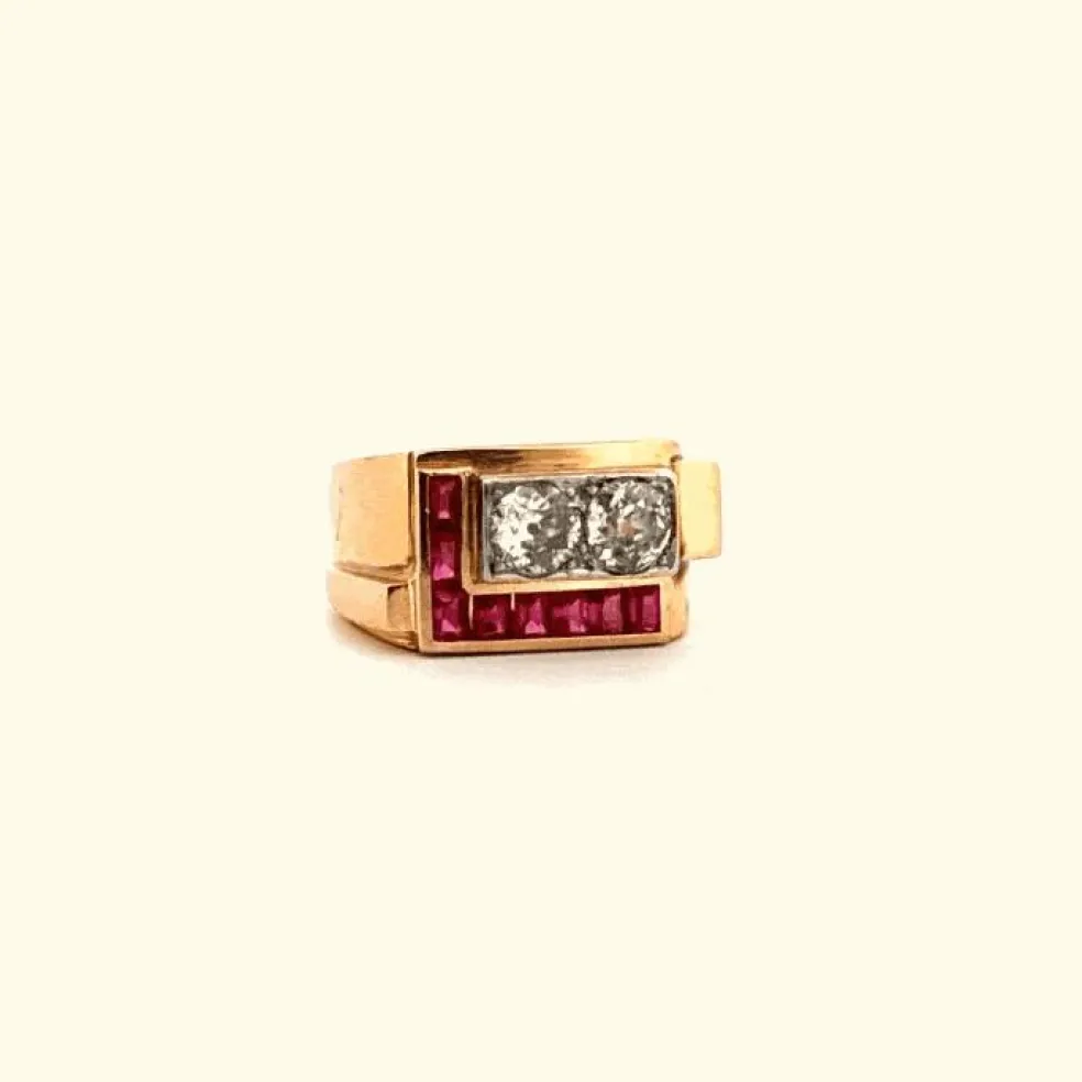 Bague Tank Or Jaune 18k & Platine Rubis