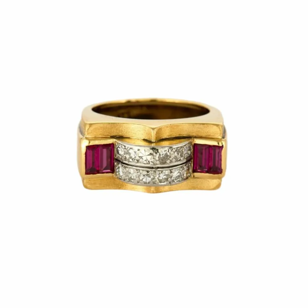 Bague Tank or jaune, platine, diamants et rubis