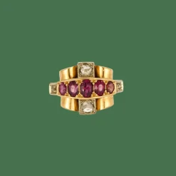 Bague Tank or jaune rubis et diamants