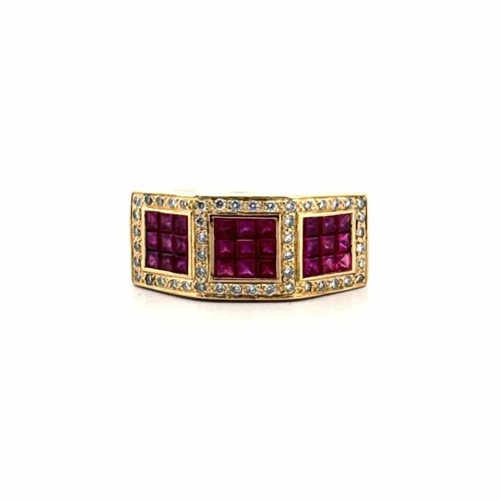Bague Tank or jaune rubis diamants