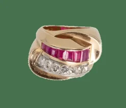 Bague Tank or jaune, rubis et diamants