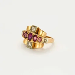 Bague Tank or jaune rubis et diamants