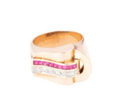 Bague tank or rose diamants et rubis de synthèse