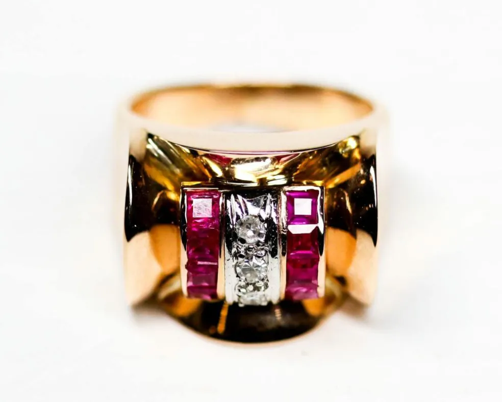 Bague Tank Or Rose Diamants et Rubis Verneuils