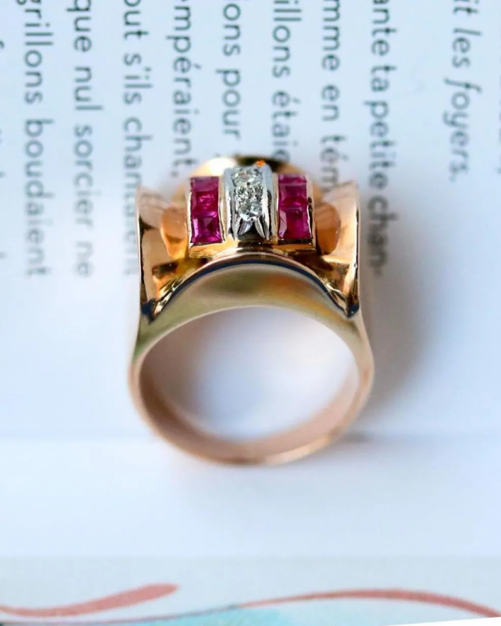Bague Tank Or Rose Diamants et Rubis Verneuils