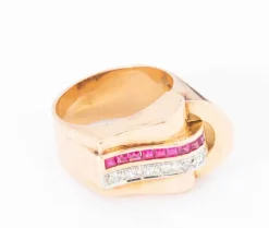 Bague tank or rose diamants et rubis de synthèse