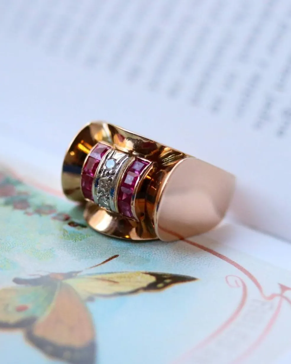 Bague Tank Or Rose Diamants et Rubis Verneuils