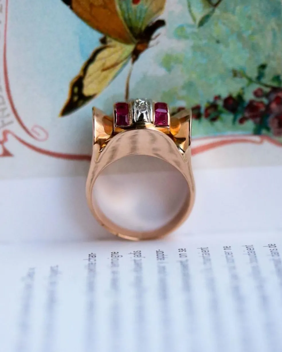 Bague Tank Or Rose Diamants et Rubis Verneuils