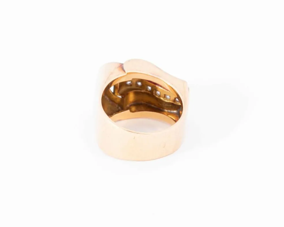 Bague tank or rose diamants et rubis de synthèse