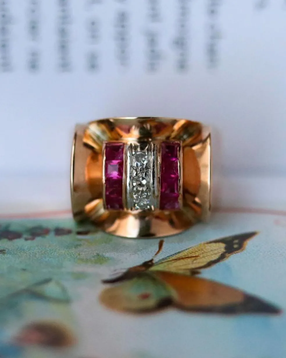 Bague Tank Or Rose Diamants et Rubis Verneuils
