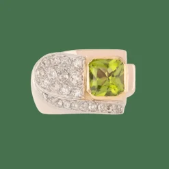 Bague tank or rose et platine en diamant et péridot