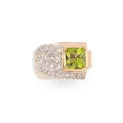 Bague tank or rose et platine en diamant et péridot