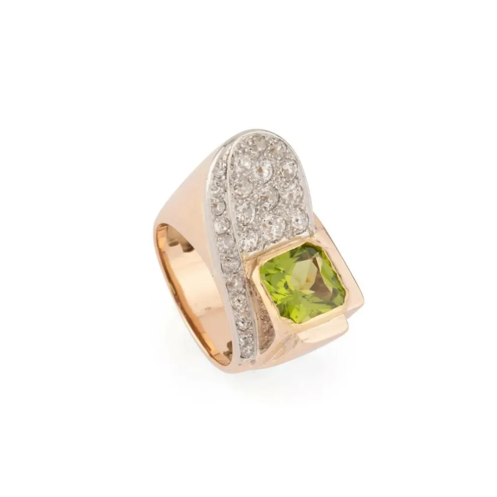 Bague tank or rose et platine en diamant et péridot