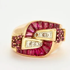 Bague Tank or rose et rubis de synthèse