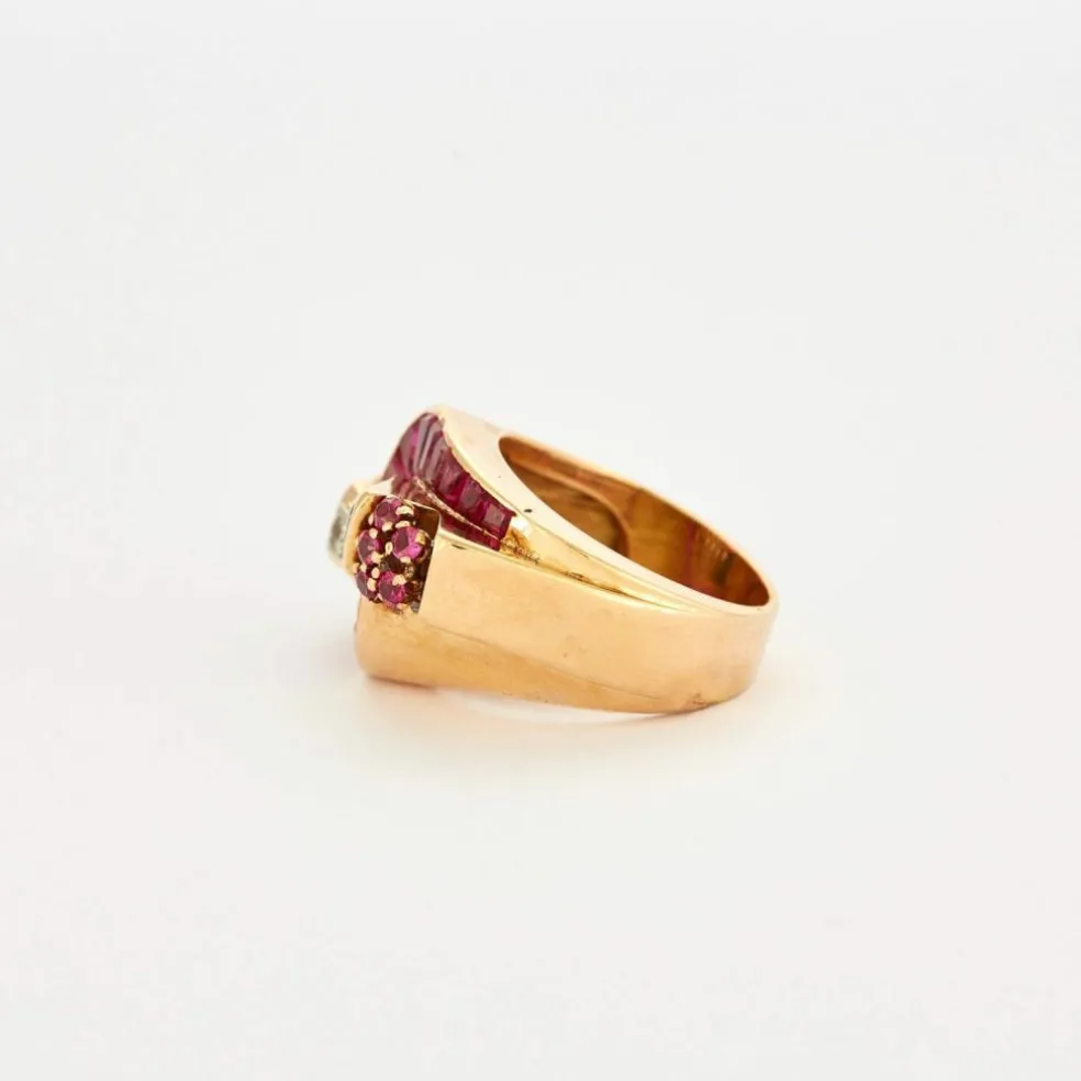 Bague Tank or rose et rubis de synthèse