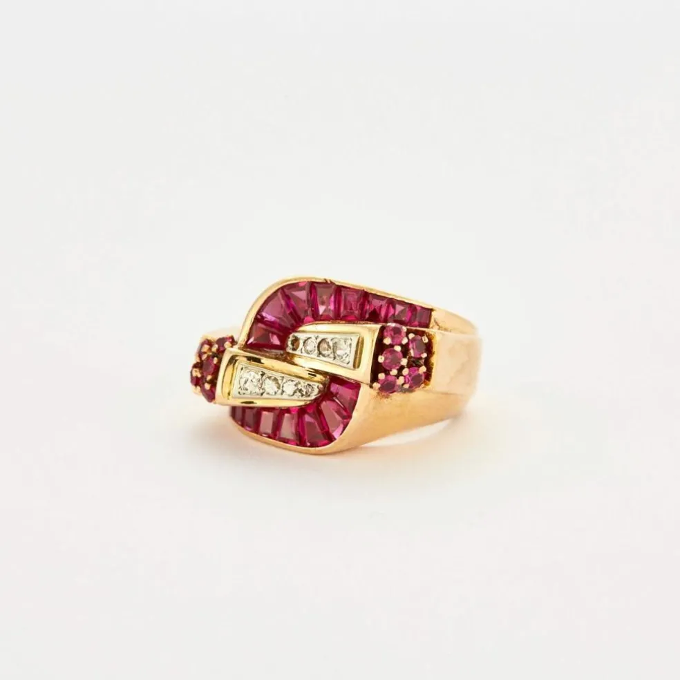 Bague Tank or rose et rubis de synthèse